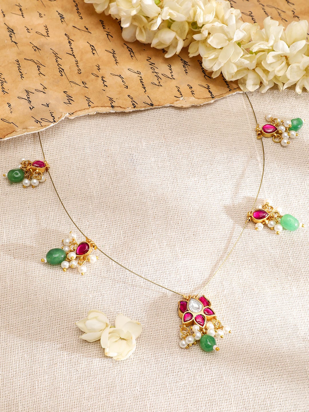 Rubans 18K Gold-Plated Ruby Pink & Emerald Green Kundan Studded Necklace with Pearl Accents Necklace & Chains