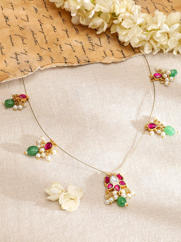 Rubans 18K Gold-Plated Ruby Pink & Emerald Green Kundan Studded Necklace with Pearl Accents Necklace & Chains