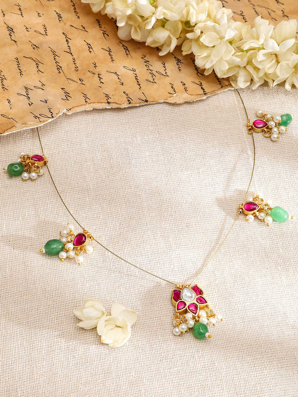 Rubans 18K Gold-Plated Ruby Pink & Emerald Green Kundan Studded Necklace with Pearl Accents Necklace & Chains