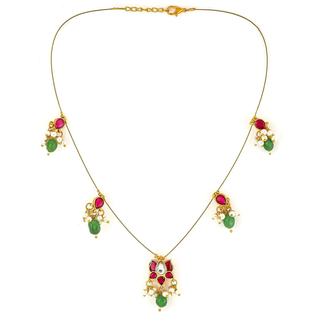 Rubans 18K Gold-Plated Ruby Pink & Emerald Green Kundan Studded Necklace with Pearl Accents Necklaces