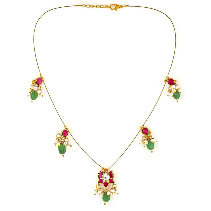 Rubans 18K Gold-Plated Ruby Pink & Emerald Green Kundan Studded Necklace with Pearl Accents Necklaces