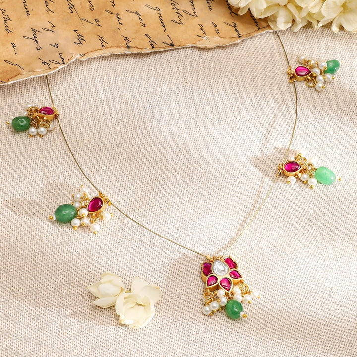 Rubans 18K Gold-Plated Ruby Pink & Emerald Green Kundan Studded Necklace with Pearl Accents Necklaces