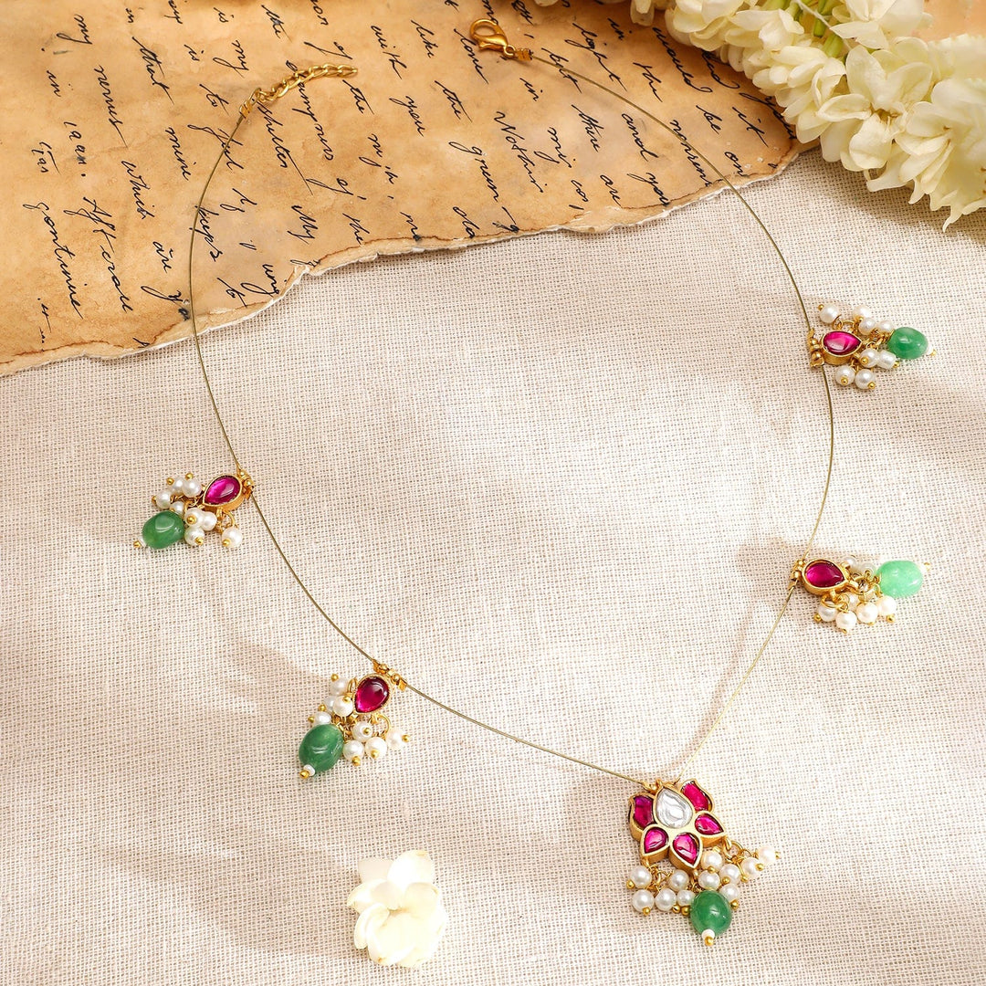 Rubans 18K Gold-Plated Ruby Pink & Emerald Green Kundan Studded Necklace with Pearl Accents Necklaces