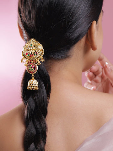 Rubans 18K Gold-Plated Ruby Pink & Emerald Green Stone Studded Temple Braid Hair Accessory with Jhumka Drop Hair Accessories