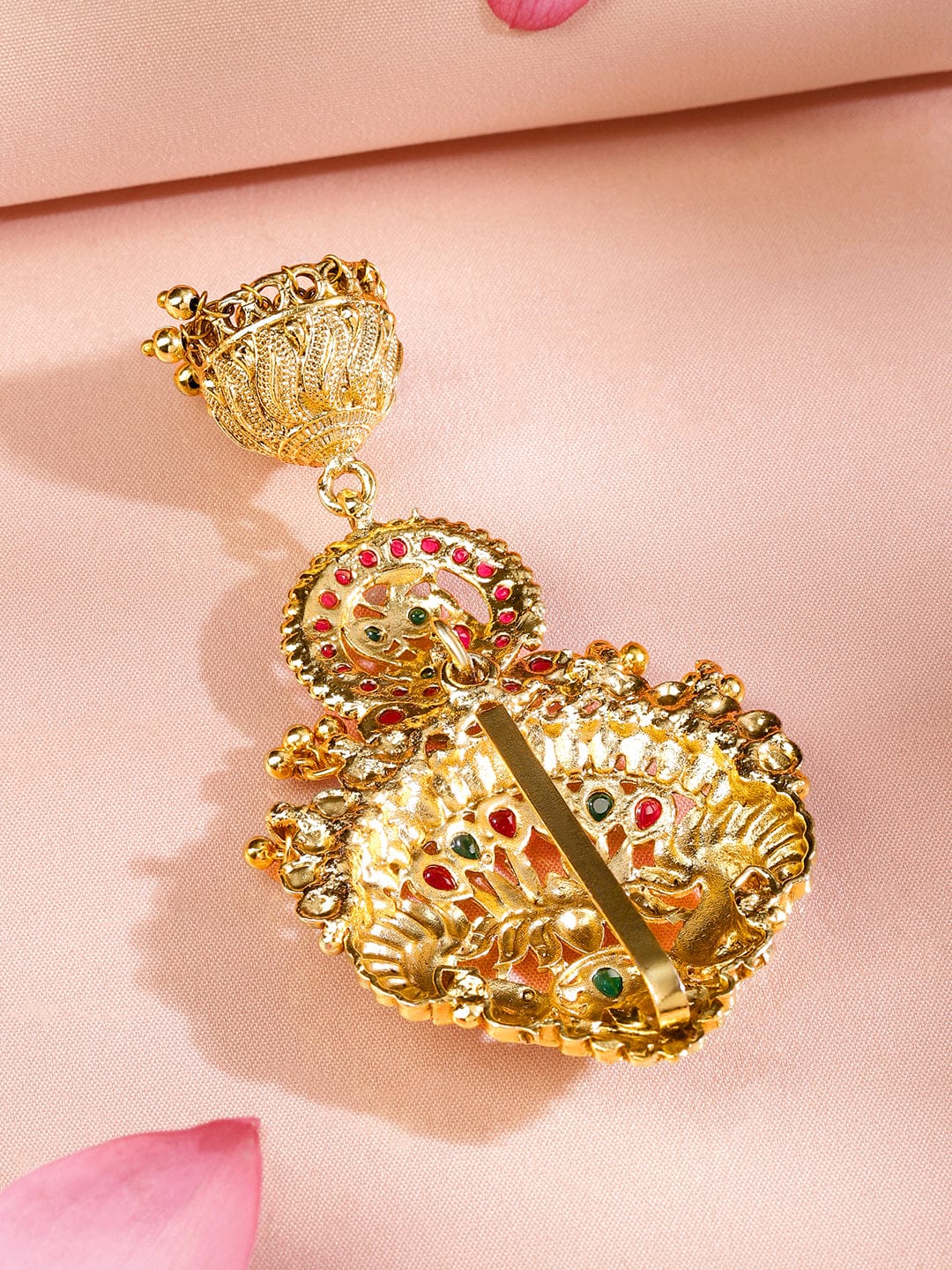 Rubans 18K Gold-Plated Ruby Pink & Emerald Green Stone Studded Temple Braid Hair Accessory with Jhumka Drop Head Jewellery