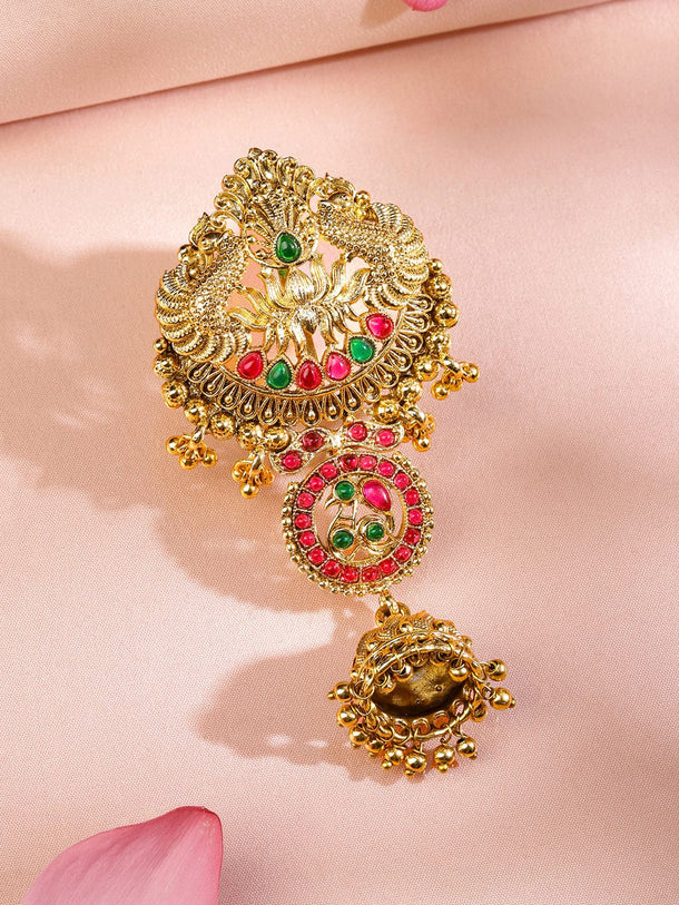 Rubans 18K Gold-Plated Ruby Pink & Emerald Green Stone Studded Temple Braid Hair Accessory with Jhumka Drop Head Jewellery
