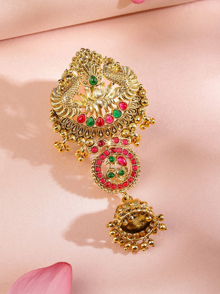 Rubans 18K Gold-Plated Ruby Pink & Emerald Green Stone Studded Temple Braid Hair Accessory with Jhumka Drop Head Jewellery