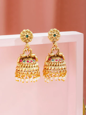 Rubans 18K Gold-Plated Ruby Pink & Emerald Green Stones and Pearl Beads Jhumka Earrings Earrings