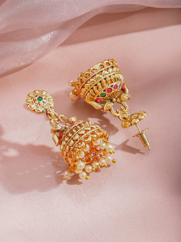 Rubans 18K Gold-Plated Ruby Pink & Emerald Green Stones and Pearl Beads Jhumka Earrings Earrings