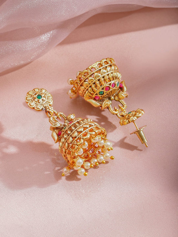Rubans 18K Gold-Plated Ruby Pink & Emerald Green Stones and Pearl Beads Jhumka Earrings Earrings