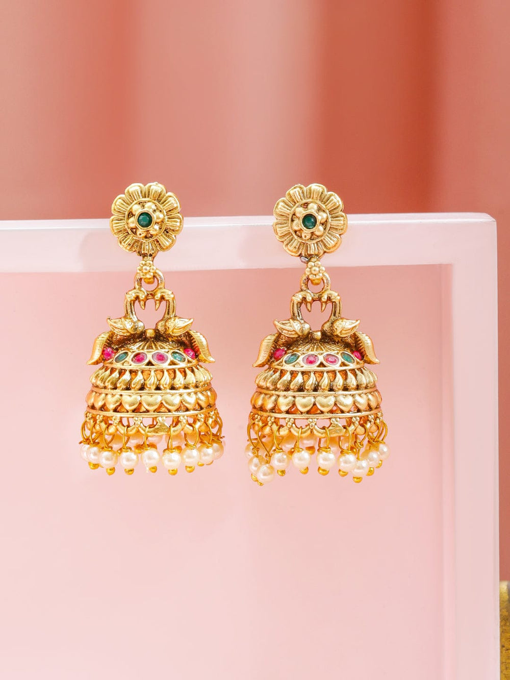 Rubans 18K Gold-Plated Ruby Pink & Emerald Green Stones and Pearl Beads Jhumka Earrings Earrings