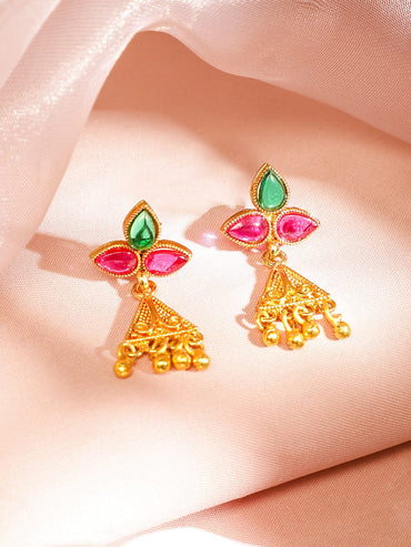 Rubans 18K Gold-Plated Ruby Pink & Emerald Green Studded Temple Design Necklace Set with Golden Bead Accents for Women Jewellery Set