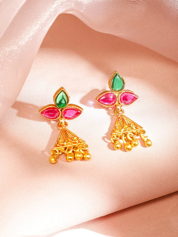 Rubans 18K Gold-Plated Ruby Pink & Emerald Green Studded Temple Design Necklace Set with Golden Bead Accents for Women Jewellery Set