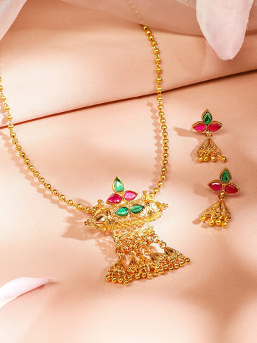 Rubans 18K Gold-Plated Ruby Pink & Emerald Green Studded Temple Design Necklace Set with Golden Bead Accents for Women Jewellery Set