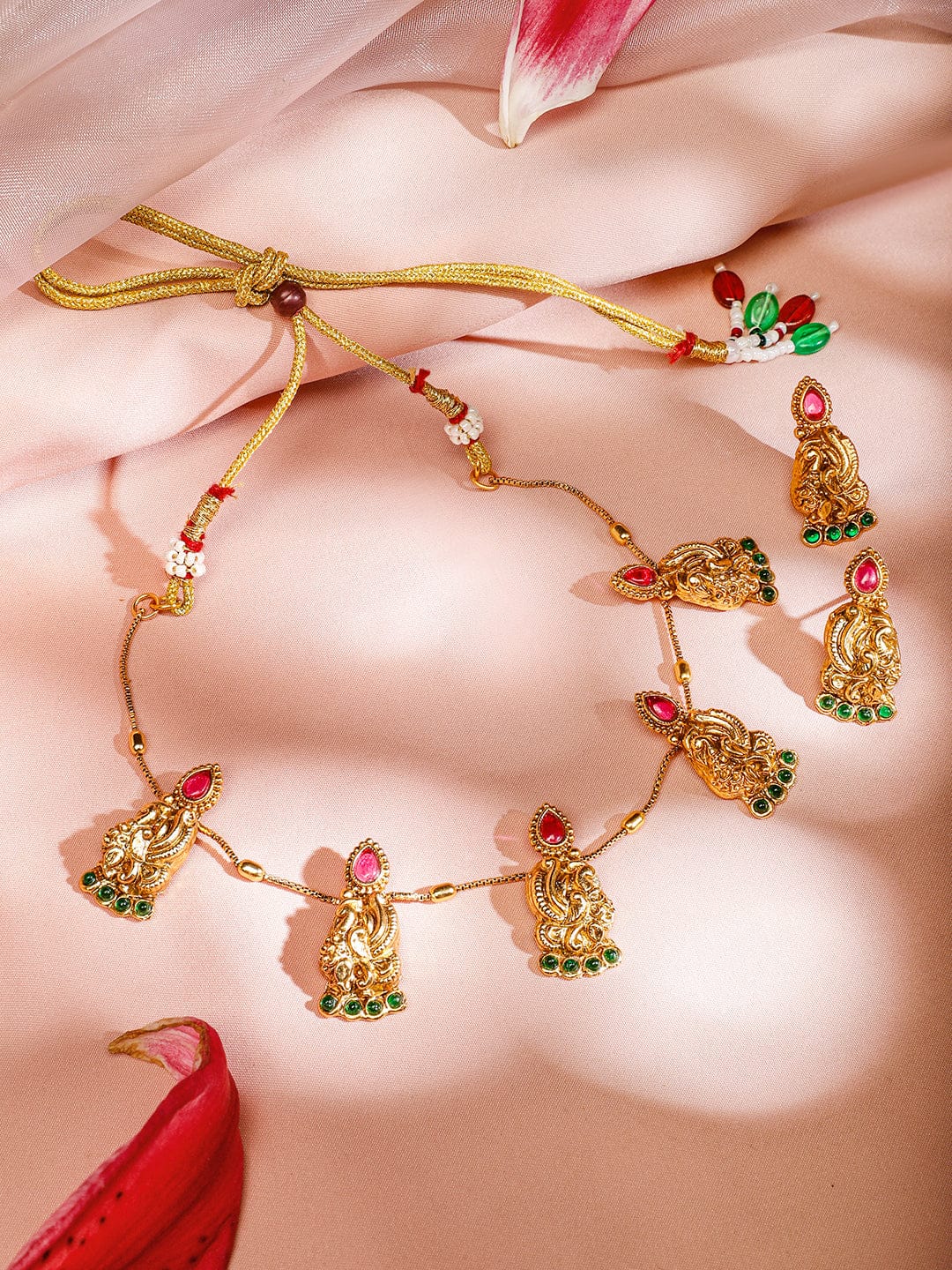 Rubans 18K Gold-Plated Ruby Pink & Emerald Green Studded Temple Necklace Set with Peacock & Floral Motifs for Women Jewellery Set