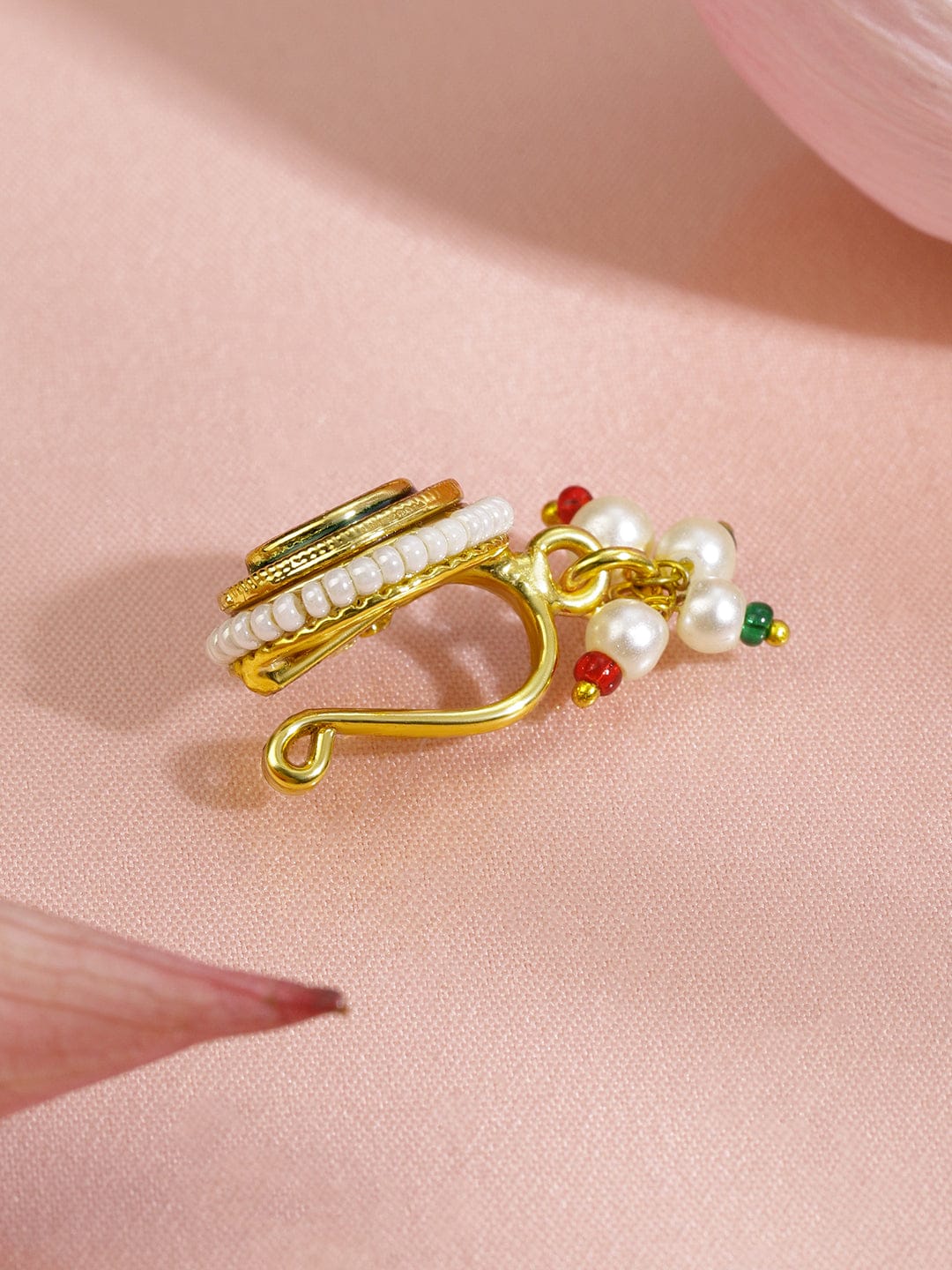 Rubans 18K Gold-Plated Ruby Pink Stone Oval Non-Pierced Clip-On Nath with Green Enamel & Pearl Drops Nosepin