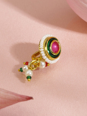 Rubans 18K Gold-Plated Ruby Pink Stone Oval Non-Pierced Clip-On Nath with Green Enamel & Pearl Drops Nosepin