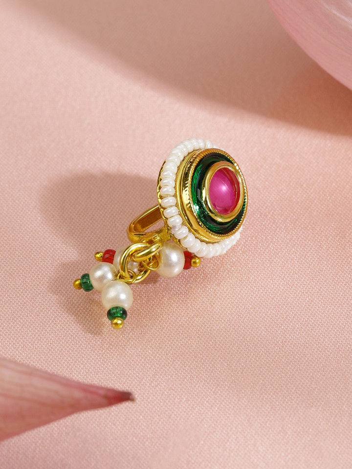 Rubans 18K Gold-Plated Ruby Pink Stone Oval Non-Pierced Clip-On Nath with Green Enamel & Pearl Drops Nosepin