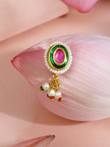 Rubans 18K Gold-Plated Ruby Pink Stone Oval Non-Pierced Clip-On Nath with Green Enamel & Pearl Drops Nosepin