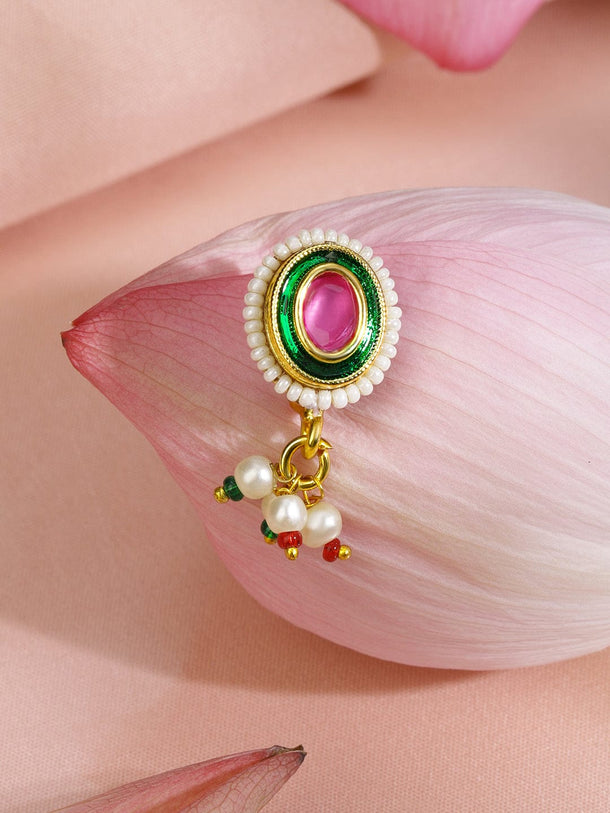 Rubans 18K Gold-Plated Ruby Pink Stone Oval Non-Pierced Clip-On Nath with Green Enamel & Pearl Drops Nosepin