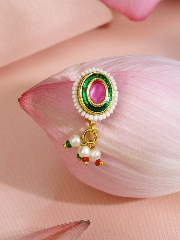 Rubans 18K Gold-Plated Ruby Pink Stone Oval Non-Pierced Clip-On Nath with Green Enamel & Pearl Drops Nosepin