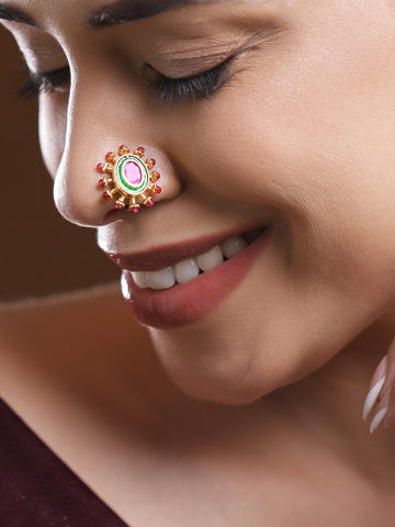 Rubans 18K Gold-Plated Ruby Pink Stone Studded Non-Pierced Clip-On Nath with Green Enamel Nose ring