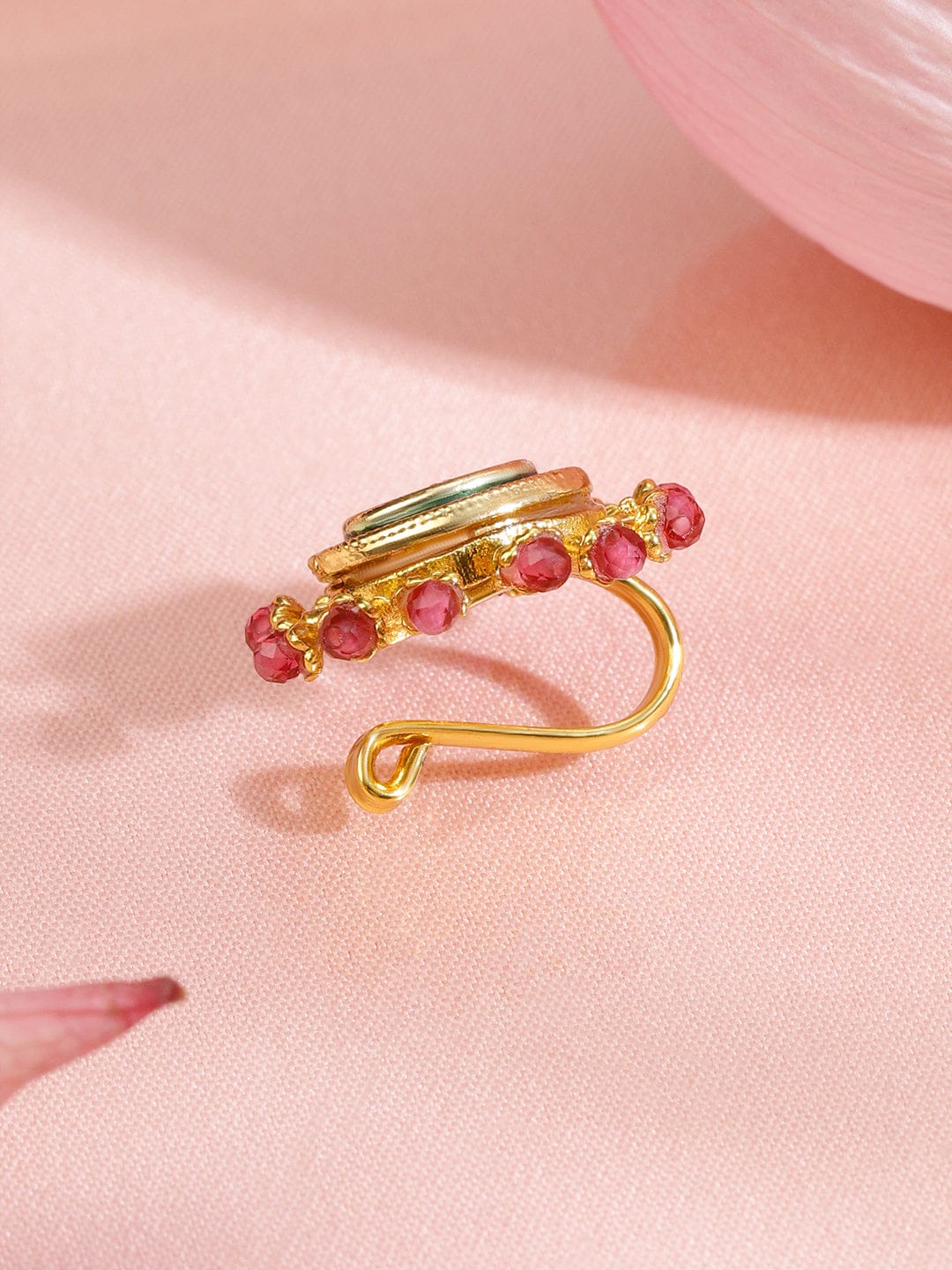 Rubans 18K Gold-Plated Ruby Pink Stone Studded Non-Pierced Clip-On Nath with Green Enamel Nosepin