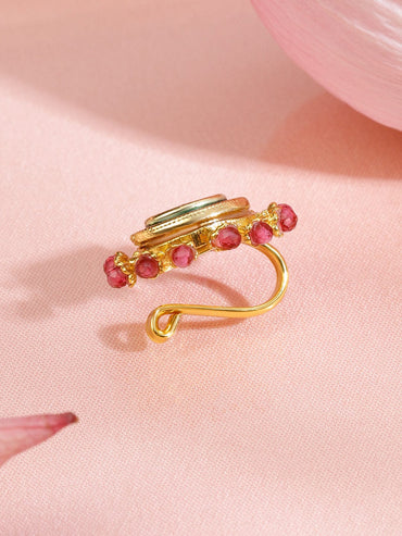 Rubans 18K Gold-Plated Ruby Pink Stone Studded Non-Pierced Clip-On Nath with Green Enamel Nosepin