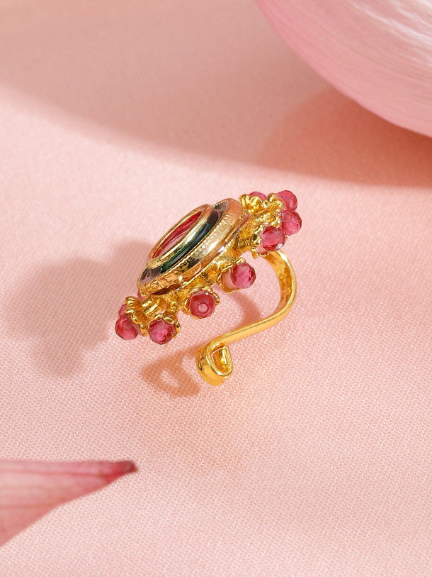 Rubans 18K Gold-Plated Ruby Pink Stone Studded Non-Pierced Clip-On Nath with Green Enamel Nosepin