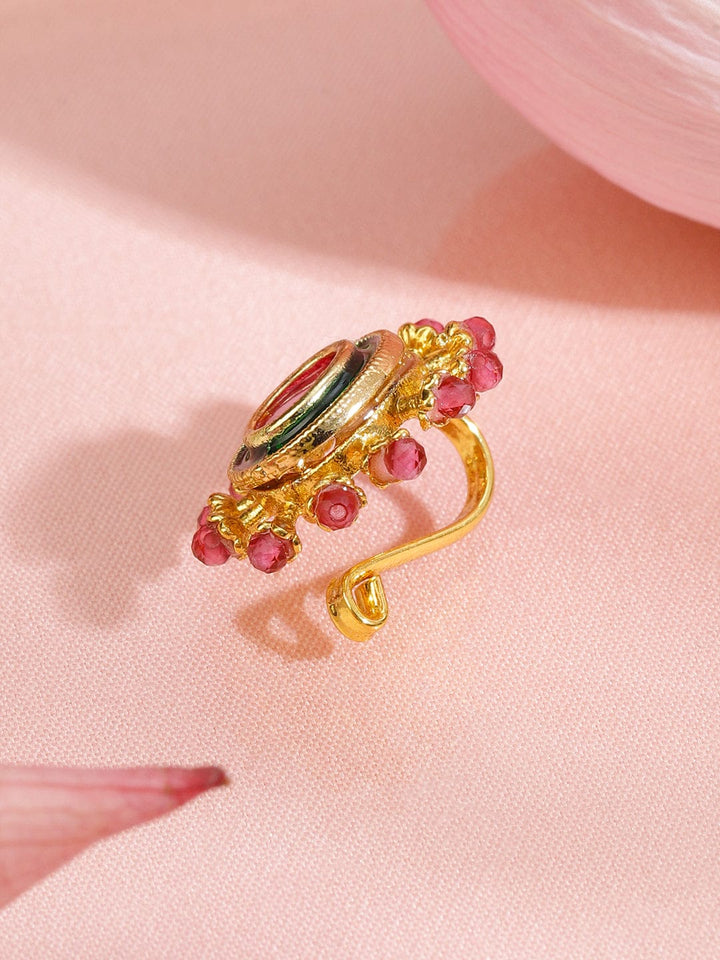 Rubans 18K Gold-Plated Ruby Pink Stone Studded Non-Pierced Clip-On Nath with Green Enamel Nosepin
