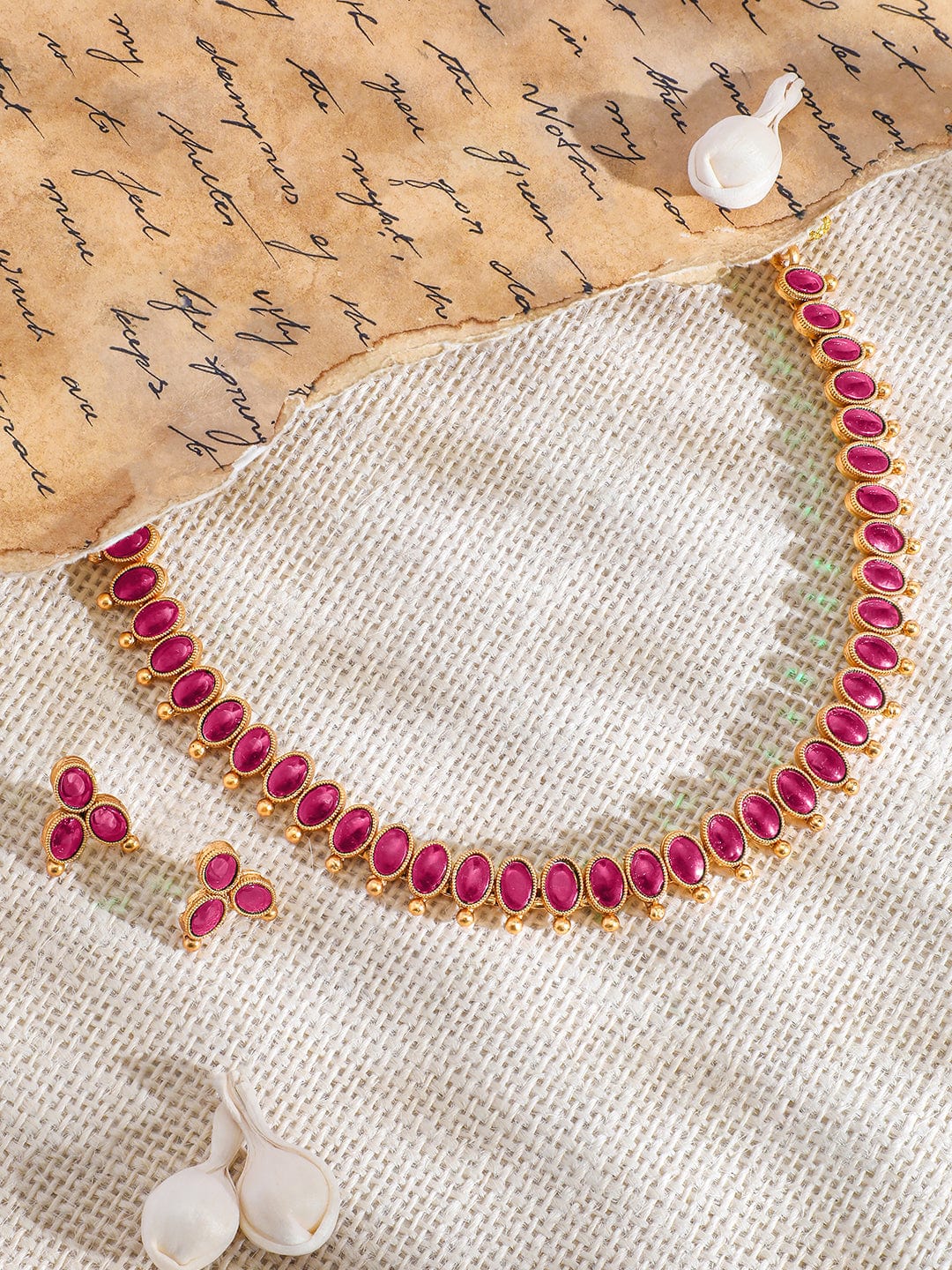 Rubans 18K Gold-Plated Ruby Pink Studded Traditional Necklace Set Necklace Set