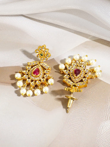 Rubans 18K Gold-Plated Ruby Pink & White Cubic Zirconia Studded Necklace Set with Pearls Beads Drops Jewellery Set