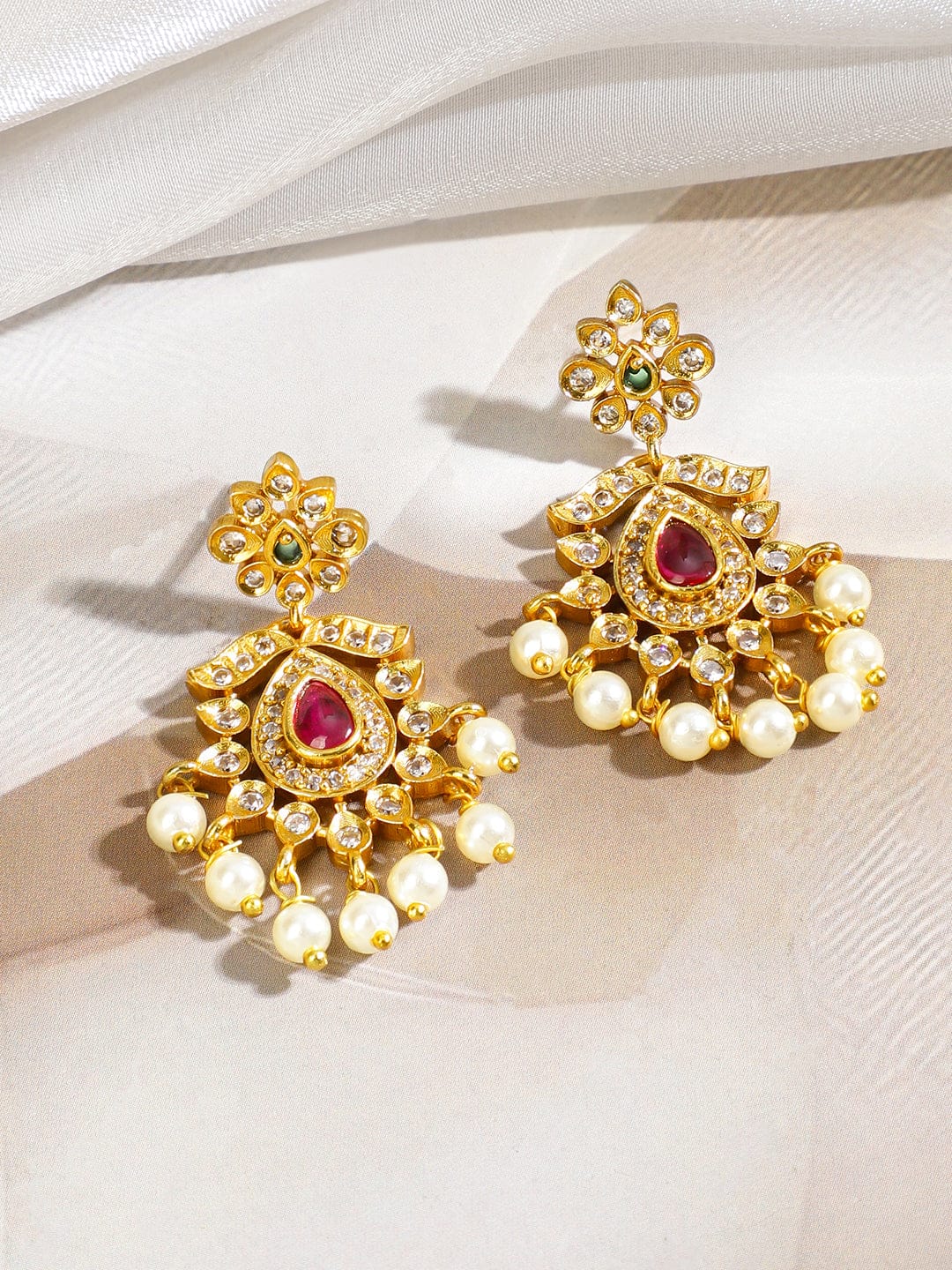 Rubans 18K Gold-Plated Ruby Pink & White Cubic Zirconia Studded Necklace Set with Pearls Beads Drops Jewellery Set