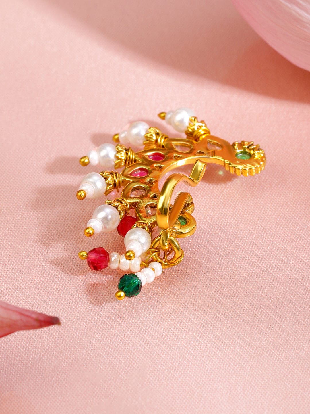 Rubans 18K Gold-Plated Ruby Pink White & Emerald Green Stone Crescent Nath with Pearl Drops â€“ Non-Pierced Clip-On Nosepin