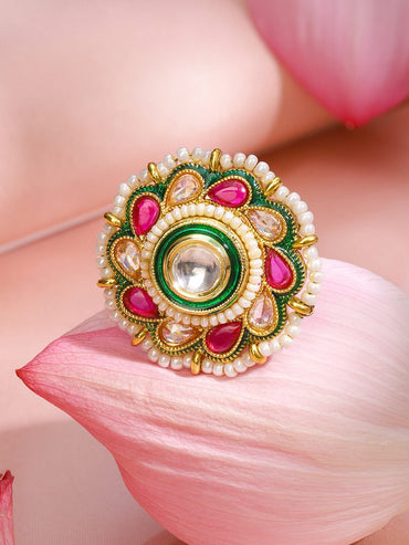 Rubans 18K Gold-Plated Ruby Pink White Kundan & Green Enamel Floral Adjustable Finger Ring Ring