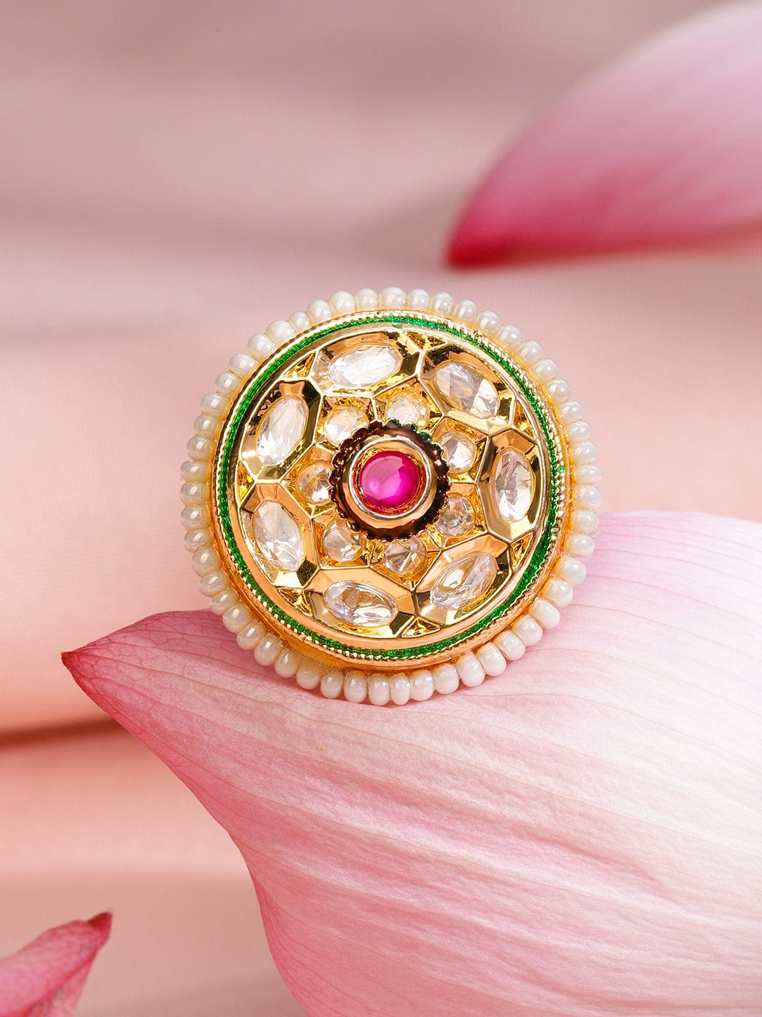 Rubans 18K Gold-Plated Ruby Pink & White Kundan Studded Adjustable Finger Ring Ring