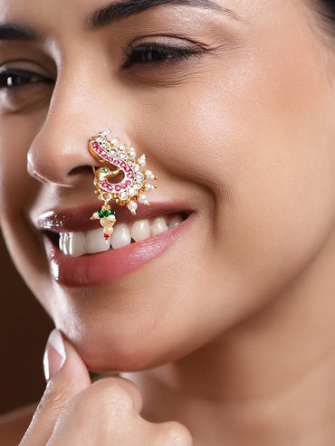 Rubans 18K Gold-Plated Ruby Pink & White Stone Peacock Nath Nose Pin with Pearl Drops Nose ring
