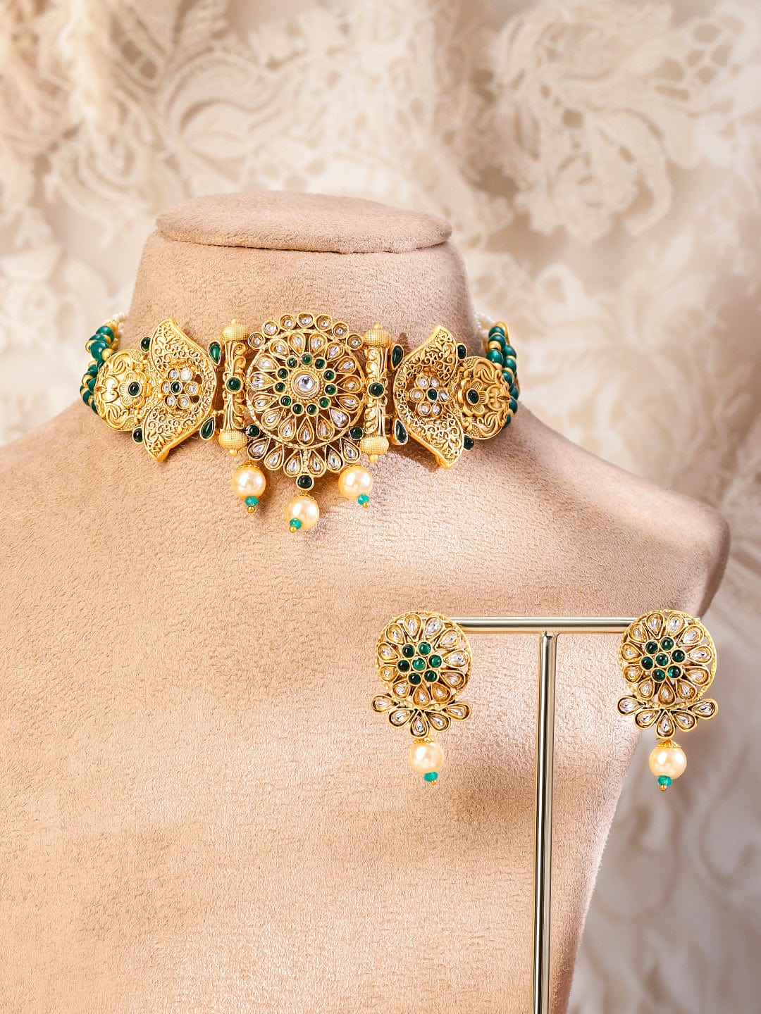 Rubans 18K Gold-Plated Ruby Red and Emerald Green & Kundan Stone-Studded Choker Jewellery Set with Pearl & Red and Green Beads Necklaces, Necklace Sets, Chains & Mangalsutra