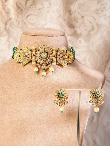 Rubans 18K Gold-Plated Ruby Red and Emerald Green & Kundan Stone-Studded Choker Jewellery Set with Pearl & Red and Green Beads Necklaces, Necklace Sets, Chains & Mangalsutra