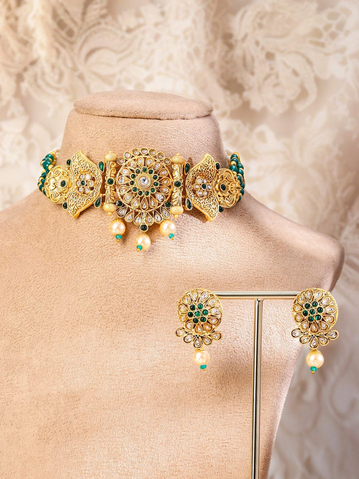 Rubans 18K Gold-Plated Ruby Red and Emerald Green & Kundan Stone-Studded Choker Jewellery Set with Pearl & Red and Green Beads Necklaces, Necklace Sets, Chains & Mangalsutra