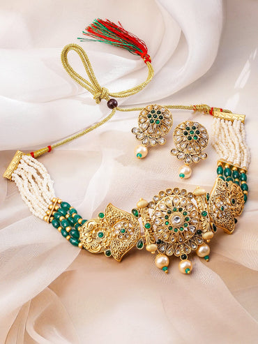 Rubans 18K Gold-Plated Ruby Red and Emerald Green & Kundan Stone-Studded Choker Jewellery Set with Pearl & Red and Green Beads Necklaces, Necklace Sets, Chains & Mangalsutra