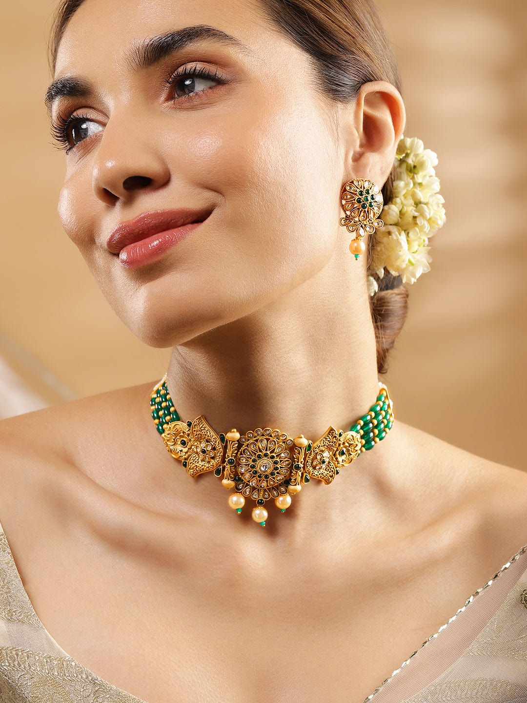 Rubans 18K Gold-Plated Ruby Red and Emerald Green & Kundan Stone-Studded Choker Jewellery Set with Pearl & Red and Green Beads Necklaces, Necklace Sets, Chains & Mangalsutra
