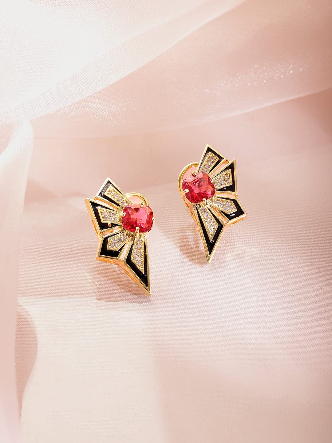 Rubans 18K Gold-Plated Ruby Red & Black Enamel Cubic Zirconia Studded Statement Stud Earrings Stud Earrings