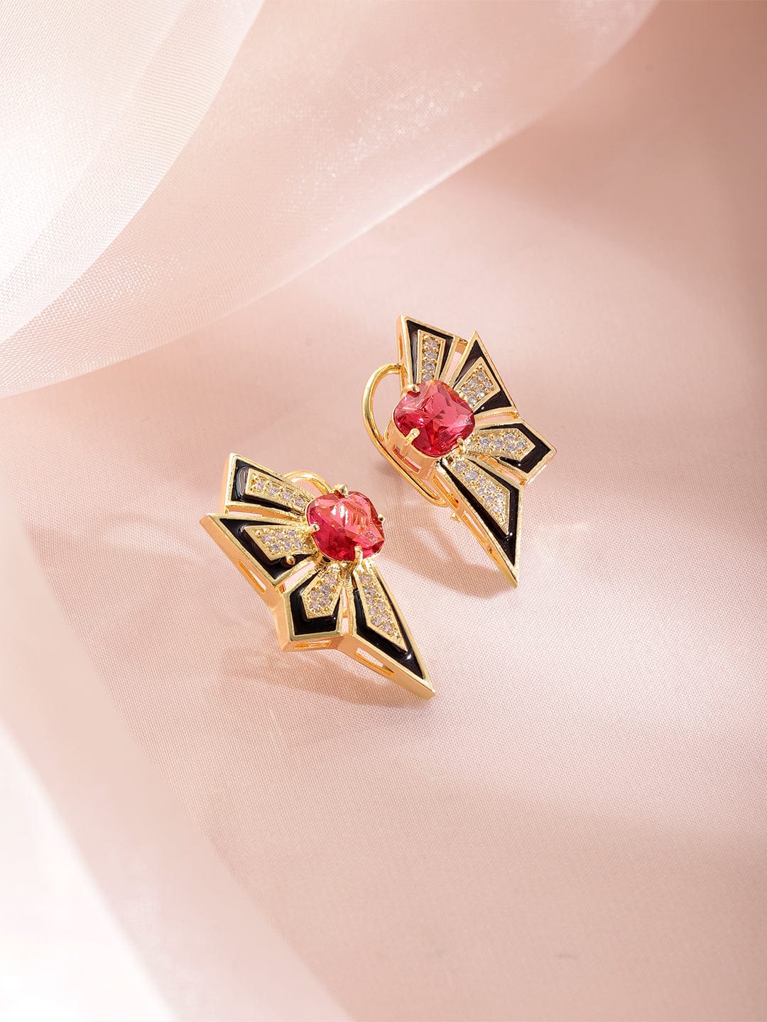 Rubans 18K Gold-Plated Ruby Red & Black Enamel Cubic Zirconia Studded Statement Stud Earrings Stud Earrings