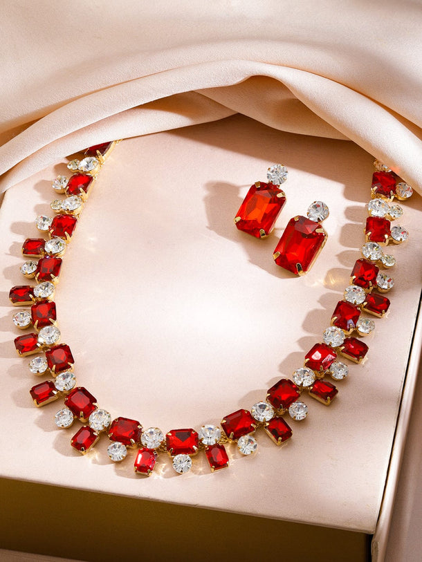 Rubans 18K Gold-Plated Ruby Red Crystal AD & White Cubic Zirconia Studded Necklace Set Necklace Set