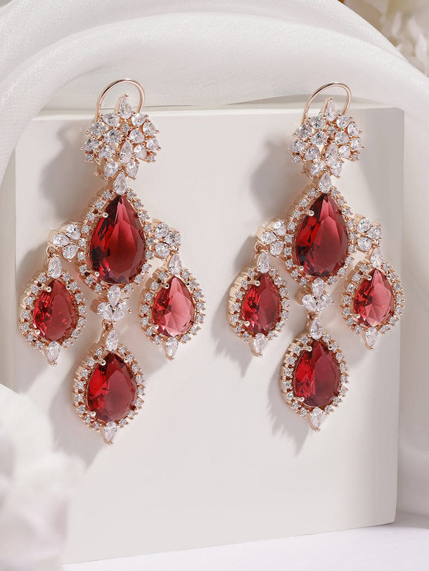 Rubans 18K Gold-Plated Ruby Red & Cubic Zirconia Studded Premium Chandelier Earrings Earrings
