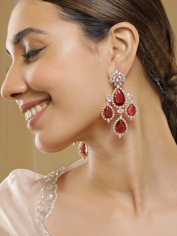 Rubans 18K Gold-Plated Ruby Red & Cubic Zirconia Studded Premium Chandelier Earrings Earrings