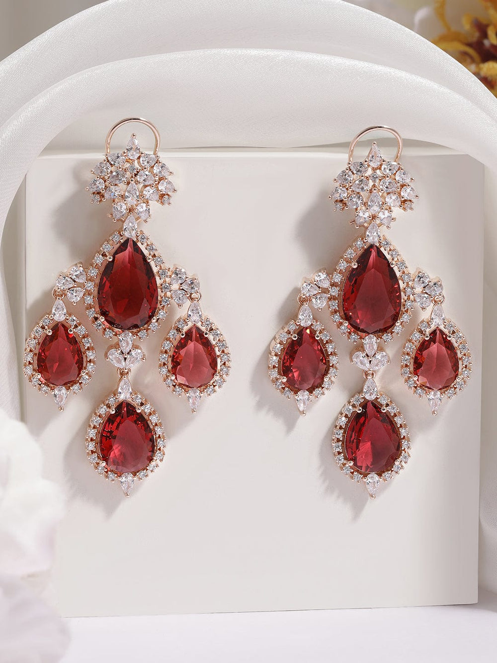 Rubans 18K Gold-Plated Ruby Red & Cubic Zirconia Studded Premium Chandelier Earrings Earrings