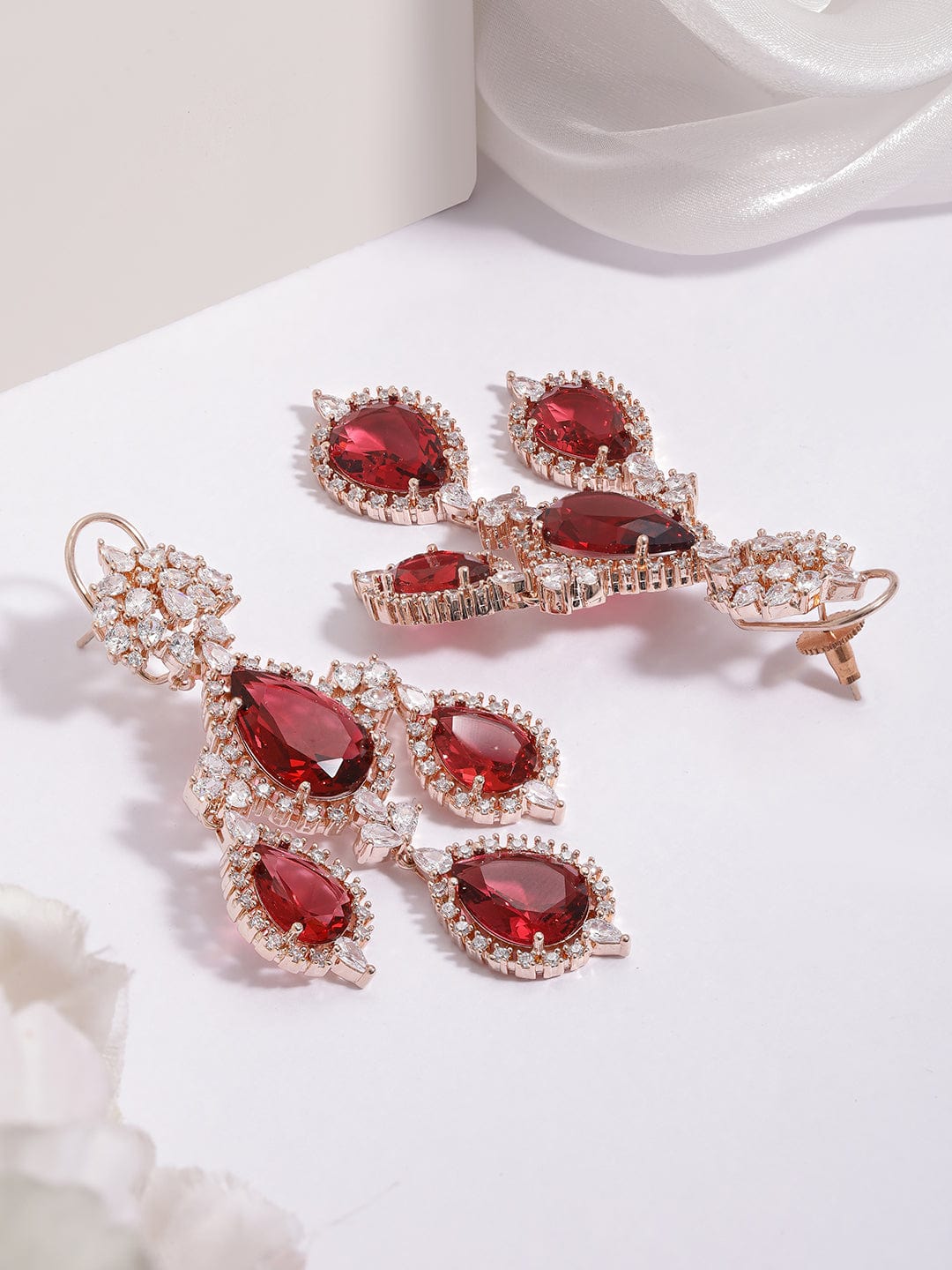 Rubans 18K Gold-Plated Ruby Red & Cubic Zirconia Studded Premium Chandelier Earrings Earrings