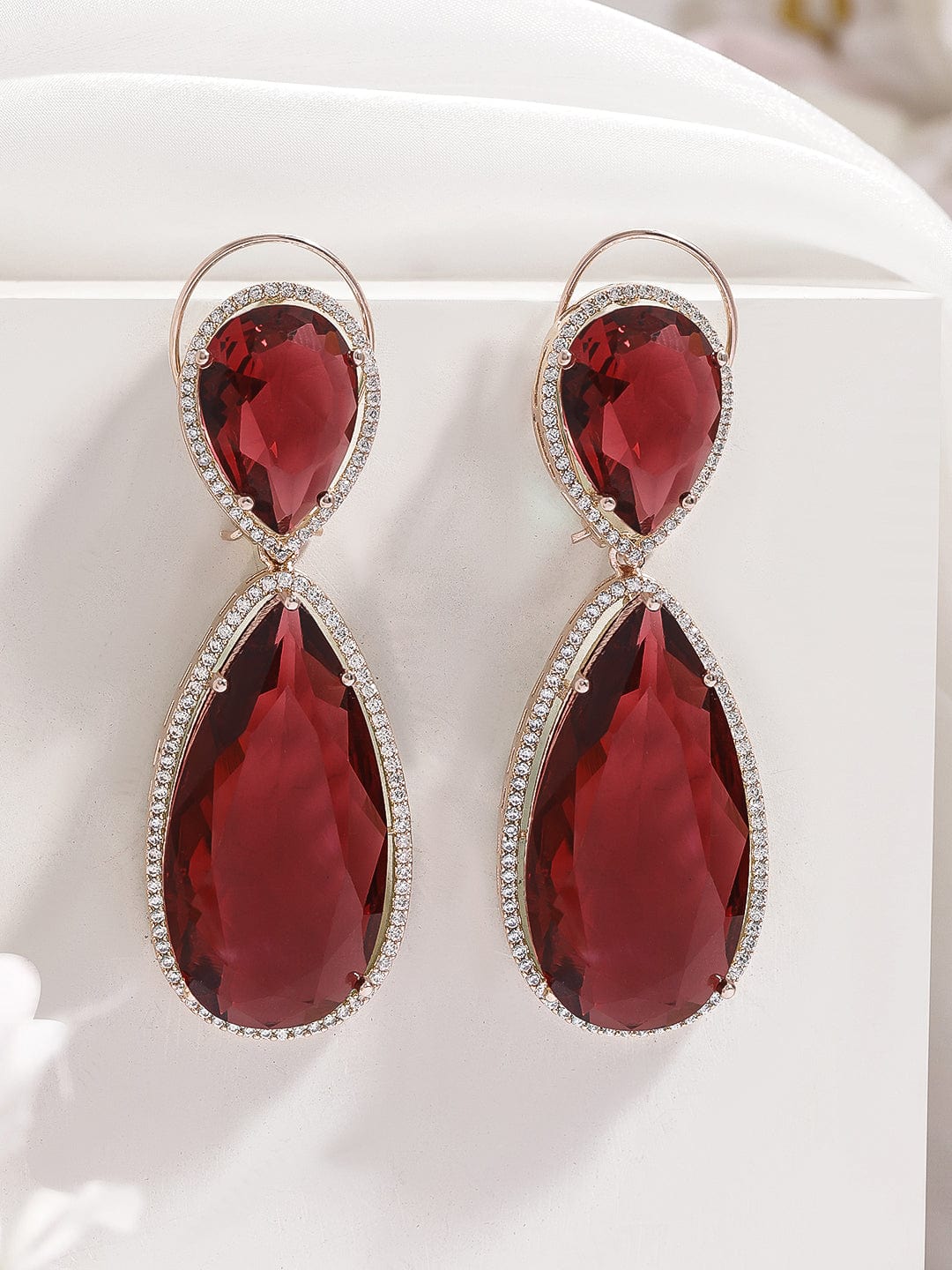 Rubans 18K Gold-Plated Ruby Red & Cubic Zirconia Studded Premium Drop Earrings Drop Earrings